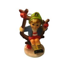 Vintage Hummel Style Boy in Apple Tree Christmas Ornament 4" Multicolor